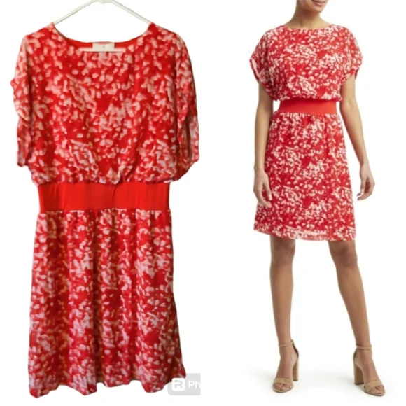 NWT H by Halston Coral Red Brush Stroke Dress Cap Sleeves Knee Length Sz. M - Picture 1 of 12